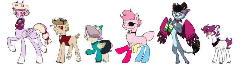 Size: 3400x900 | Tagged: safe, artist:fuckomcfuck, derpibooru import, oc, oc:angel shades, oc:apple jazz, oc:hard stuff, oc:nose candy, oc:oddity, oc:twinkle morningstar, cat, cat pony, centaur, cyclops, deer, deer pony, earth pony, hybrid, monster pony, original species, pegasus, pony, spiderpony, taur, unicorn, alcohol, antlers, ascot, bandage, bow, bowtie, clothes, crossdressing, crossover, crossover shipping, drink, ear piercing, earring, fangs, gold tooth, hat, hazbin hotel, heart, heart mark, height difference, heterochromia, image, jewelry, lightning mark, line-up, monocle, parent:alastor, parent:angel dust, parent:applejack, parent:charlie morningstar, parent:fluttershy, parent:husk, parent:niffty, parent:pinkie pie, parent:rainbow dash, parent:rarity, parent:twilight sparkle, parent:vaggie, piercing, png, sharp teeth, shipping, simple background, skirt, socks, suit, teeth, top hat, transparent background