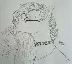 Size: 2437x2160 | Tagged: safe, artist:raychelrage, derpibooru import, oc, oc:star dust, pegasus, awkward moment, black and white, bust, choker, clothes, ear piercing, earring, eyelashes, feather, femboy, glasses, grayscale, image, jewelry, jpeg, lipstick, long mane, looking at you, loose hair, makeup, male, monochrome, piercing, portrait, profile, requested art, simple background, sketch, solo, traditional art, white background, wings