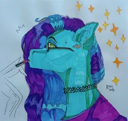 Size: 2277x2160 | Tagged: safe, artist:raychelrage, derpibooru import, oc, oc:star dust, pegasus, awkward moment, blue eyeshadow, blue mane, bust, choker, clothes, ear piercing, earring, eyelashes, eyeshadow, feather, femboy, glasses, green eyes, image, jewelry, jpeg, lipstick, long mane, looking at you, loose hair, makeup, male, marker drawing, multicolored mane, piercing, portrait, profile, purple mane, red lipstick, requested art, simple background, solo, traditional art, white background, wings