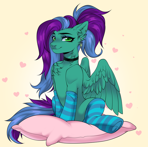 Size: 2016x2000 | Tagged: safe, alternate version, artist:kira, derpibooru import, oc, oc:star dust, pegasus, blue eyeshadow, blue mane, blue socks, blue tail, chest fluff, choker, clothes, commission, cream background, ear piercing, earring, eyelashes, eyeliner, eyeshadow, femboy, full body, green eyes, image, jewelry, long mane, looking at you, loose hair, makeup, male, multicolored mane, multicolored tail, piercing, pillow, png, ponytail, purple mane, purple tail, simple background, smiling, smiling at you, socks, solo, stockings, striped socks, tail, thigh highs, traditional art, wings, ych result