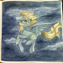 Size: 3019x3013 | Tagged: safe, artist:jsunlight, derpibooru import, derpy hooves, ditzy doo, pegasus, pony, cloud, flying, image, jpeg, sky, solo, traditional art, watercolor painting