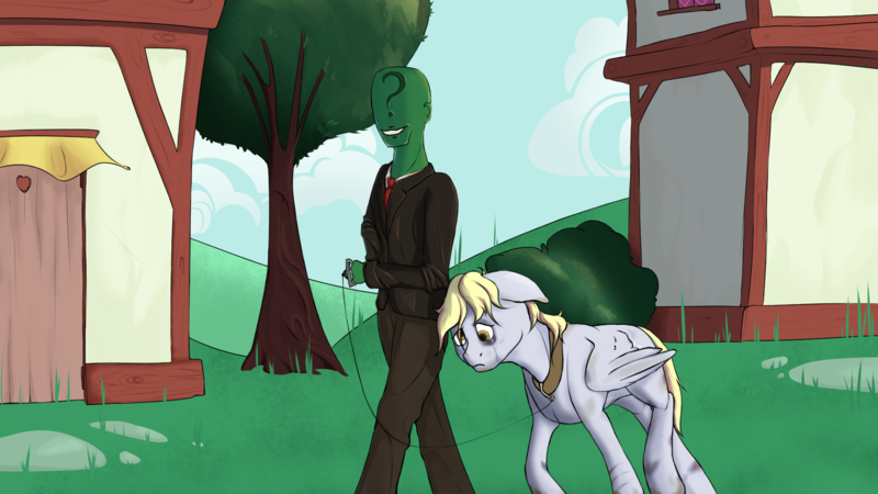 Size: 1920x1080 | Tagged: semi-grimdark, artist:dvfrost, derpibooru import, derpy hooves, oc, oc:anon, human, pegasus, pony, abuse, abusive human, black eye, bruised, building, bush, clothes, collar, commission, crying, derpybuse, door, duo, female, floppy ears, folded wings, grass, hill, house, image, leash, male, mare, necktie, one ear down, pants, pet, png, ponyville, sad, slave, smiling, suit, tree, walking, window, wings