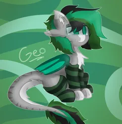 Size: 2022x2055 | Tagged: safe, artist:geo, derpibooru import, oc, oc:geo, draconequus, hybrid, bat wings, chest fluff, clothes, four ears, image, long tail, male, paws, png, sitting, socks, solo, striped socks, tail, wings