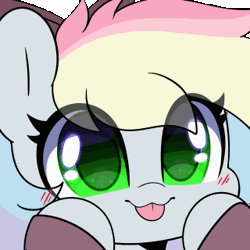Size: 320x320 | Tagged: safe, artist:sakukitty, derpibooru import, oc, oc:blazey sketch, unofficial characters only, :p, animated, blinking, blushing, bow, clothes, cute, gif, green eyes, grey fur, hair bow, heart, image, multicolored hair, ocbetes, simple background, smiling, solo, sweater, tongue out, transparent background