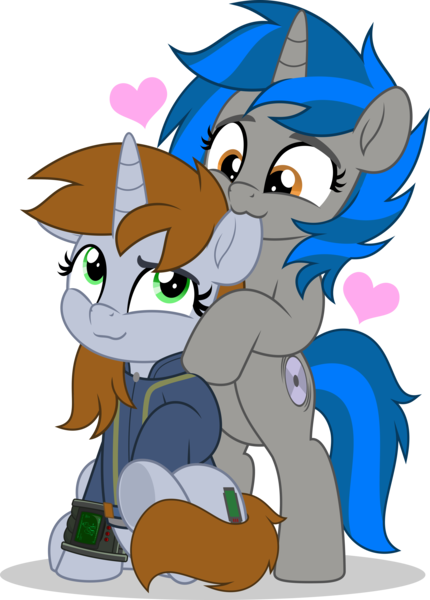 Size: 3581x5000 | Tagged: safe, artist:jhayarr23, derpibooru import, oc, oc:homage, oc:littlepip, unicorn, fallout equestria, biting, clothes, commission, commissioner:solar aura, cute, ear bite, female, horn, image, jumpsuit, lesbian, oc x oc, pipbuck, pipmage, png, ship:pipmage, shipping, unicorn oc, vault suit, ych result, your character here