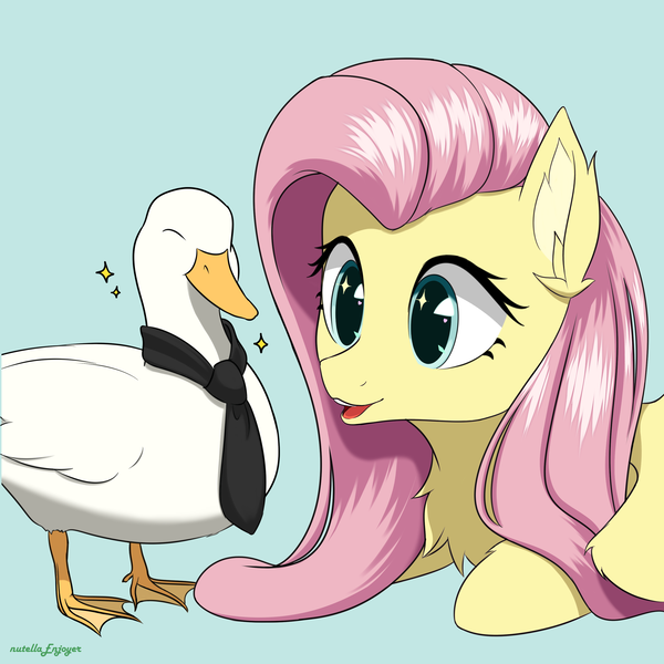 Size: 3000x3000 | Tagged: safe, artist:nutellaenjoyer, derpibooru import, fluttershy, bird, duck, pegasus, pony, happy, image, necktie, png