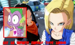 Size: 2160x1296 | Tagged: safe, spike, android, dragon, robot, just for sidekicks, android 17, android 18, apron, city, clothes, crossover, dragon ball, dragon ball z, image, jpeg, red ribbon army, west city, why