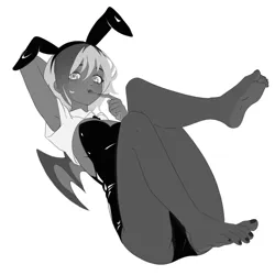 Size: 3072x3072 | Tagged: suggestive, alternate version, artist:cryweas, derpibooru import, oc, oc:elizabat stormfeather, unofficial characters only, human, black and white, bunny ears, bunny suit, candy, clothes, cute, cute little fangs, derpibooru exclusive, fangs, feet, female, fishnets, food, grayscale, humanized, humanized oc, image, lollipop, lying down, monochrome, nail polish, on back, playboy bunny, png, simple background, soles, solo, toenail polish, white background, winged humanization, wings