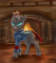 Size: 2150x2402 | Tagged: safe, artist:kirieshka, derpibooru import, oc, oc:fire ray, oc:mader, alicorn, changeling, pony, alicorn oc, changeling oc, clothes, duo, duo male, fire, fireplace, hat, horn, image, male, png, wings