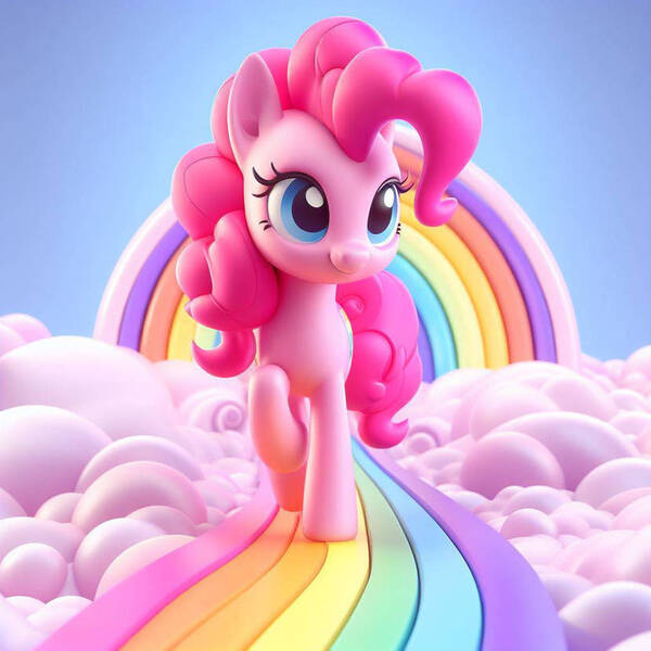 Size: 828x828 | Tagged: safe, artist:pinkiepiepics, derpibooru import, machine learning generated, pinkie pie, earth pony, pony, ai content, blue background, cloud, cute, female, image, jpeg, mare, rainbow, rainbow trail, simple background, solo, walking