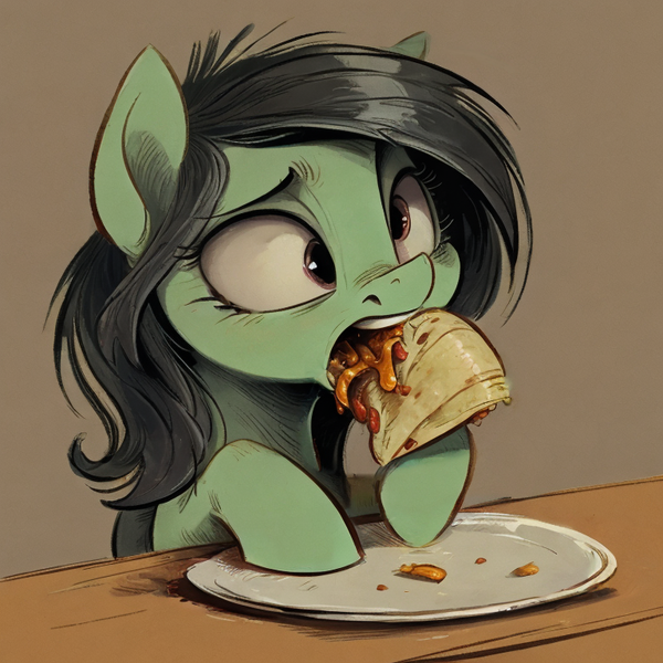 Size: 768x768 | Tagged: safe, derpibooru import, machine learning generated, oc, oc:anonfilly, earth pony, pony, ai content, burrito, derp, eating, female, filly, food, image, png, solo