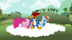 Size: 1280x720 | Tagged: safe, derpibooru import, edit, edited screencap, screencap, pinkie pie, rainbow dash, bird, earth pony, pegasus, pony, season 3, too many pinkie pies, '90s, angry, apple, apple tree, cloud, crossover, cute, dashabetes, diapinkes, eyes closed, female, field, food, g4, grass, grass field, image, male, mare, on a cloud, png, pointing, smiling, the new woody woodpecker show, tree, trio, universal studios, walter lantz, woodpecker, woody woodpecker, woody woodpecker (series)
