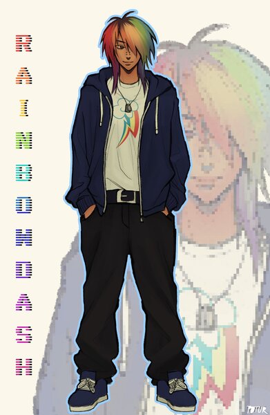 Size: 1334x2048 | Tagged: safe, artist:poturistic, derpibooru import, rainbow dash, human, dog tags, female, hair over one eye, hand in pocket, humanized, image, jpeg, name, nose piercing, piercing, solo, zoom layer