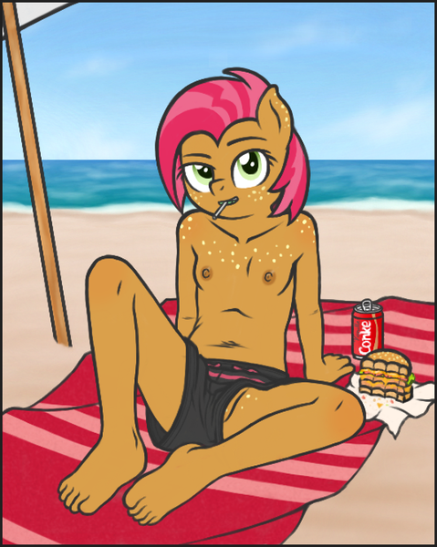 Size: 1072x1342 | Tagged: questionable, artist:deserter, banned from derpibooru, ponerpics import, ponybooru import, babs seed, anthro, plantigrade anthro, beach, beach towel, beach umbrella, boob freckles, breasts, burger, can, candy, cheeseburger, chest freckles, clothes, crotch freckles, drink, eating, exhibitionism, female, food, freckles, hamburger, image, leaning, leaning back, lolicon, lollipop, looking at you, male swimwear challenge, nipples, nudity, partial nudity, png, public nudity, pussy peek, raised eyebrow, shoulder freckles, sitting, small breasts, smug, soda, swimming trunks, swimsuit, teenager, topless, towel, umbrella, underage, upshorts, veggie burger