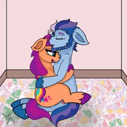 Size: 1440x1440 | Tagged: safe, artist:dawkinsdalmatiandrawer, derpibooru import, sunny starscout, earth pony, pony, g5, argyle starshine, crying, crystal brighthouse, cuddling, father and child, father and daughter, female, image, implied misty brightdawn, implied time travel, incest, male, male and female, mane stripe sunny, png, shipping, straight, sunny starshine, tears of joy, younger
