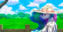 Size: 2685x1372 | Tagged: safe, artist:sssuhar, derpibooru import, princess celestia, alicorn, anthro, clothes, cloud, country, dress, female, fence, field, hat, image, png, shade, signature, sky, solo, sun hat, tree