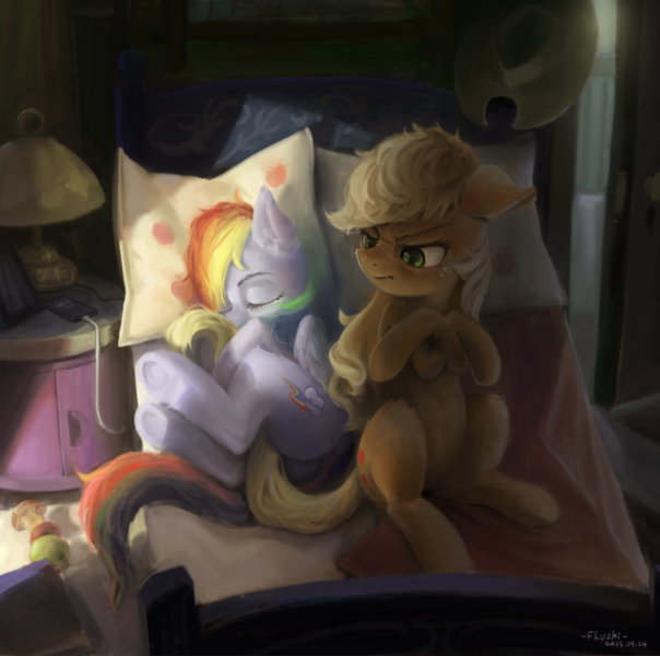 Size: 5695x5660 | Tagged: safe, artist:flvski, derpibooru import, applejack, rainbow dash, earth pony, pegasus, appledash, applejack is not amused, applejack's hat, bed, cowboy hat, crossed hooves, cute, dashabetes, female, hat, image, jackabetes, lamp, lesbian, phone, pillow, png, scrunchy face, shipping, sleeping, unamused