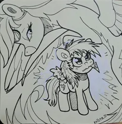 Size: 1112x1132 | Tagged: safe, artist:krista-21, derpibooru import, rainbow dash, pegasus, pony, clothes, cute, dashabetes, female, filly, filly rainbow dash, flag, grayscale, image, inktober, jpeg, lidded eyes, mare, monochrome, mouth hold, signature, solo, traditional art, uniform, wonderbolts uniform, younger