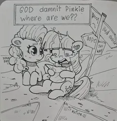 Size: 1984x2048 | Tagged: safe, artist:krista-21, derpibooru import, pinkie pie, twilight sparkle, earth pony, pony, unicorn, confused, duo, female, flustered, grayscale, hoof hold, idk, image, inktober, jpeg, lying down, mare, messy mane, monochrome, prone, road sign, sign, sitting, traditional art, unicorn twilight