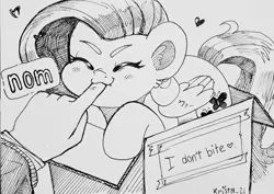 Size: 2048x1450 | Tagged: safe, artist:krista-21, derpibooru import, fluttershy, human, pegasus, pony, biting, blatant lies, box, cardboard box, cute, female, floating heart, grayscale, heart, image, inktober, jpeg, mare, monochrome, nom, offscreen character, pony in a box, shyabetes, solo focus, traditional art