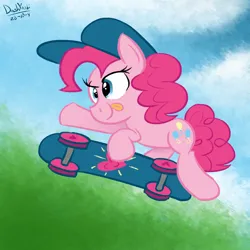 Size: 2400x2400 | Tagged: safe, artist:dashyoshi, derpibooru import, pinkie pie, earth pony, pony, cap, cloud, cute, diapinkes, hat, heart, image, pinktober, png, skateboard, solo, tongue out, tree