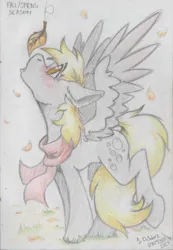 Size: 1204x1735 | Tagged: safe, artist:adilord, derpibooru import, derpy hooves, pegasus, pony, autumn, blushing, clothes, cute, female, image, leaf, leaves, mare, png, ponytober, ponytober 2023, scarf, solo, spread wings, traditional art, wings