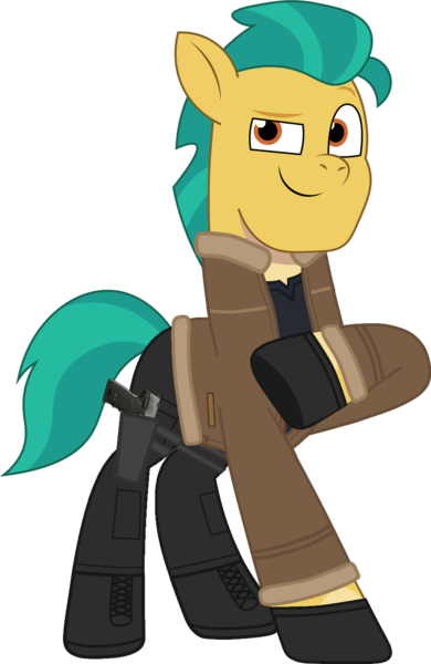 Size: 869x1337 | Tagged: safe, artist:edy_january, artist:prixy05, derpibooru import, edit, part of a set, vector edit, hitch trailblazer, earth pony, pony, g5, my little pony: tell your tale, agent, black shirt, boots, clothes, fixed, gloves, gun, handgun, image, jacket, leon s. kennedy, parody, pistol, png, resident evil, resident evil 4, resident evil 4 remake, sg-09, shoes, simple background, solo, transparent background, updated, usp, vector, weapon