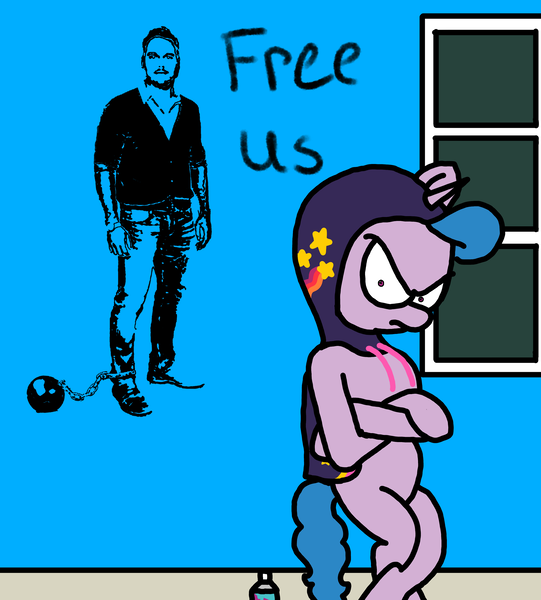 Size: 3023x3351 | Tagged: safe, artist:professorventurer, derpibooru import, izzy moonbow, g5, ball and chain, banksy, chris pratt, hollywood strike 2023, image, mural, png, sneaksy, tribute