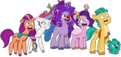 Size: 512x241 | Tagged: safe, artist:pascalmulokozi2, derpibooru import, edit, edited screencap, screencap, hitch trailblazer, izzy moonbow, pipp petals, sparky sparkeroni, sunny starscout, zipp storm, alicorn, dragon, earth pony, pegasus, pony, unicorn, g5, my little pony: tell your tale, spoiler:g5, background removed, candy, female, food, fruit, grapes, image, lollipop, male, mane five, png, scared, shocked, shocked expression, shocked eyes, smiling, sparky's sick