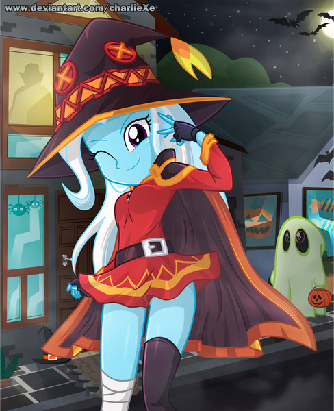 Size: 676x831 | Tagged: safe, artist:charliexe, derpibooru import, trixie, equestria girls, anime, clothes, cosplay, costume, crossover, cute, diatrixes, dress, female, fingerless gloves, full moon, gloves, halloween, holiday, image, konosuba, legs, looking at you, megumin, miniskirt, moon, night, one eye closed, png, schrödinger's pantsu, sexy, skirt, solo, stupid sexy trixie, thighs, wink