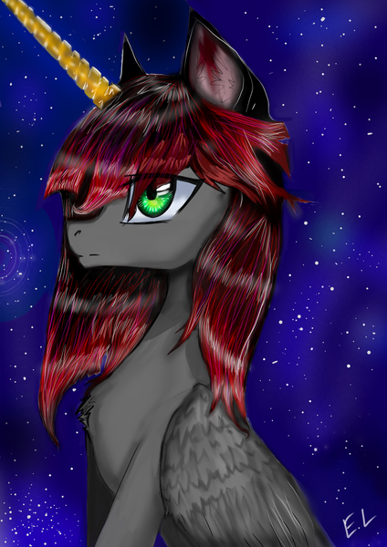 Size: 1000x1414 | Tagged: safe, artist:hysteriana, derpibooru import, oc, oc:glazebittersweet, alicorn, alicorn oc, anime style, feathered wings, female, folded wings, gift art, gold, gray coat, green eyes, horn, image, long horn, night, old art, phone drawing, png, red hair, shiny, sitting, space, stars, violet background, wings