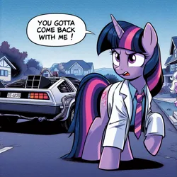 Size: 1024x1024 | Tagged: safe, derpibooru import, machine learning generated, twilight sparkle, pony, unicorn, ai content, back to the future, clothes, concerned, delorean, derpibooru exclusive, female, generator:dall-e 3, image, jpeg, lab coat, mare, necktie, prompter:siber, road, solo, speech bubble, text, time machine