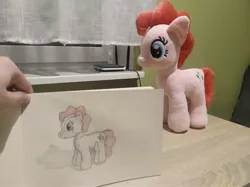 Size: 4032x3016 | Tagged: safe, artist:jakusi, ponerpics import, pinkie pie, earth pony, pony, /pnk/, female, hand, image, jpeg, mare, photo, pinktober, plushie, solo, traditional art