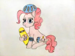 Size: 4032x3016 | Tagged: safe, artist:jakusi, ponerpics import, pinkie pie, earth pony, pony, /pnk/, elbow pads, female, grin, helmet, image, jpeg, knee pads, mare, pinktober, sitting, skateboard, smiling, solo, traditional art