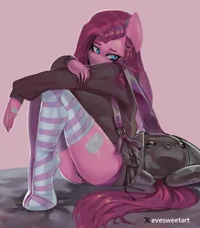 Size: 2299x2623 | Tagged: suggestive, artist:melkaya, derpibooru import, pinkie pie, anthro, clothes, female, image, pinkamena diane pie, png, socks, striped socks, sweater, thigh highs