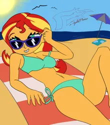 Size: 828x939 | Tagged: suggestive, artist:digi1talpho3nix, derpibooru import, sunset shimmer, human, equestria girls, beach, belly, belly button, belly fetish, bikini, bikini top, breasts, clothes, image, jpeg, legs, stupid sexy sunset shimmer, sunglasses, swimsuit