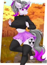 Size: 3200x4400 | Tagged: safe, artist:stainedglasslighthea, derpibooru import, oc, oc:hazel radiate, unofficial characters only, anthro, plantigrade anthro, pony, unicorn, anthro oc, autumn, clothes, female, high res, highlights, horn, image, mare, midriff, pinup, png, purple eyes, short shirt, skirt, socks, solo, stockings, thigh highs, toeless legwear, toeless stockings, unicorn oc