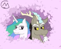 Size: 2606x2114 | Tagged: safe, artist:maître cervidé, derpibooru import, discord, princess celestia, alicorn, image, love, petals, png, ponytober, shipping, signature