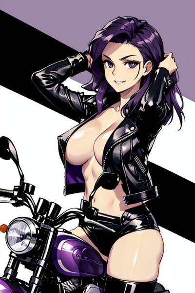 Size: 512x768 | Tagged: suggestive, derpibooru import, machine learning generated, rarity, human, abstract background, ai content, big breasts, breasts, busty rarity, clothes, generator:yodayo, humanized, image, jacket, jpeg, leather, leather jacket, looking at you, motorcycle, panties, purple background, purple hair, simple background, socks, thigh highs, underwear