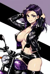 Size: 512x768 | Tagged: suggestive, derpibooru import, machine learning generated, rarity, human, abstract background, ai content, big breasts, breasts, busty rarity, clothes, generator:yodayo, humanized, image, jacket, jpeg, leather, leather jacket, looking at you, motorcycle, panties, purple background, purple hair, simple background, socks, thigh highs, underwear