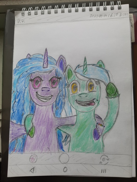 Size: 3024x4032 | Tagged: safe, artist:pink amena, derpibooru import, izzy moonbow, lyra heartstrings, pony, unicorn, g5, colored pencil drawing, duo, eye clipping through hair, g4, generation leap, image, jpeg, mlp fim's thirteenth anniversary, selfie, smiling, tongue out, traditional art