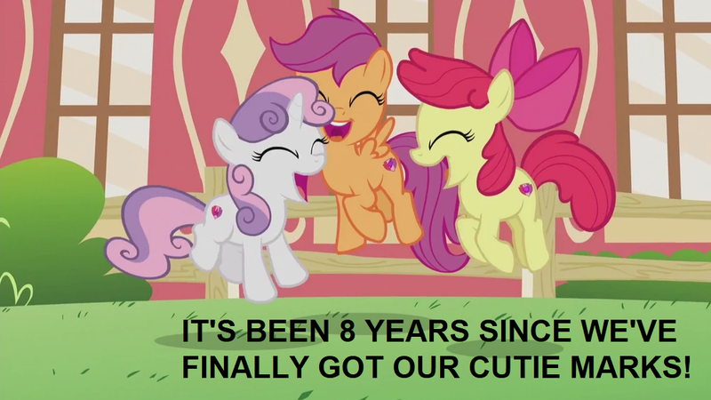 Size: 1000x563 | Tagged: safe, derpibooru import, edit, edited screencap, editor:incredibubbleirishguy, screencap, apple bloom, scootaloo, sweetie belle, crusaders of the lost mark, adorabloom, apple bloom's cutie mark, cute, cutealoo, cutie mark, cutie mark crusaders, diasweetes, excited, exploitable meme, happy, image, jumping, meme, overjoyed, png, scootaloo's cutie mark, squealing, sweetie belle's cutie mark, text, the cmc's cutie marks
