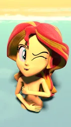 Size: 3240x5760 | Tagged: suggestive, artist:wissle, derpibooru import, sunset shimmer, human, equestria girls, 3d, absurd resolution, beach, belly button, blender, breasts, casual nudity, complete nudity, covering, covering breasts, covering crotch, delicious flat chest, exhibitionism, female, grin, image, jpeg, looking at you, looking up, nudity, ocean, one eye closed, open mouth, public nudity, sand, skinny dipping, smiling, solo, solo female, stupid sexy sunset shimmer, sunflat shimmer, water, wink