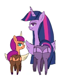 Size: 3319x4181 | Tagged: suggestive, artist:malleymall, derpibooru import, sunny starscout, twilight sparkle, twilight sparkle (alicorn), alicorn, pony, g5, bedroom eyes, butt, clothes, female, image, lingerie, looking at you, looking back, looking back at you, mare, mlp fim's thirteenth anniversary, older, older twilight, panties, png, simple background, underwear, white background, wings