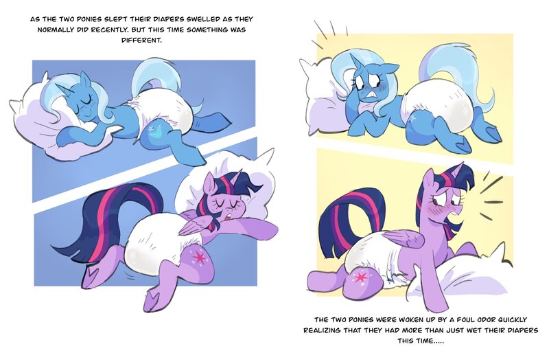 Size: 2048x1317 | Tagged: questionable, artist:sheepypeepy, derpibooru import, trixie, twilight sparkle, blushing, diaper, diaper fetish, embarrassed, fetish, image, jpeg, messing, messy diaper, non-baby in diaper, poop, sleeping