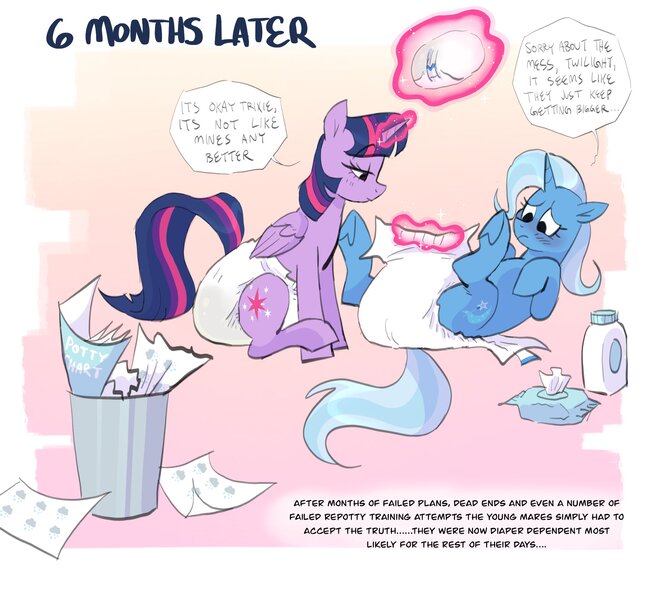 Size: 2048x1898 | Tagged: questionable, derpibooru import, trixie, twilight sparkle, diaper, diaper change, diaper fetish, fetish, image, incontinent, jpeg, messy diaper, non-baby in diaper