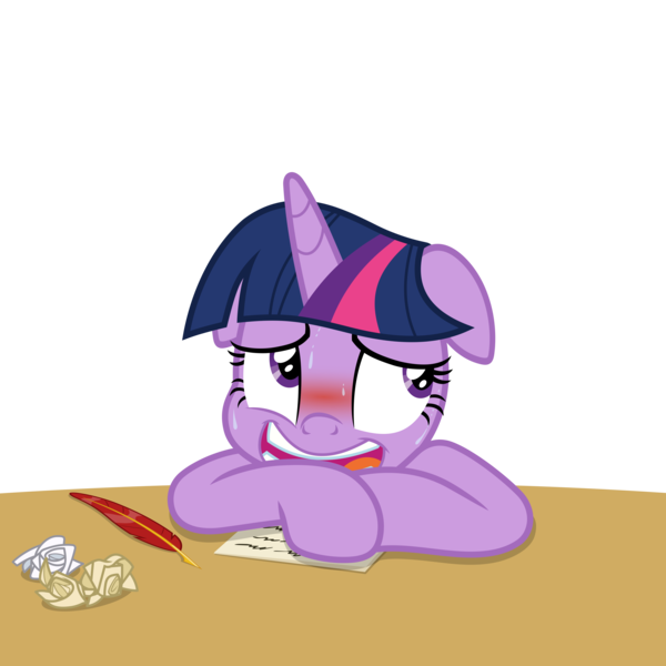 Size: 4000x4000 | Tagged: safe, artist:gypsykumquat, derpibooru import, twilight sparkle, twilight sparkle (alicorn), alicorn, pony, .svg available, absurd resolution, blushing, embarrassed, embarrassed grin, image, inkscape, magic, pen, png, show accurate, simple background, solo, sweat, table, transparent background, vector