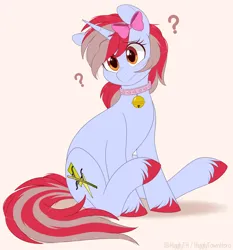 Size: 1120x1200 | Tagged: safe, artist:higgly-chan, derpibooru import, oc, oc:cinnamon lightning, unofficial characters only, pony, unicorn, bell, bell collar, bow, collar, colored hooves, confused, female, hair bow, head tilt, image, mare, png, question mark, simple background, sitting, solo, solo female, unshorn fetlocks