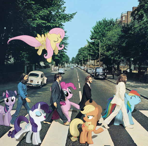 Size: 1511x1482 | Tagged: safe, artist:beatlebrony, derpibooru import, applejack, fluttershy, pinkie pie, rainbow dash, rarity, twilight sparkle, earth pony, human, pegasus, pony, unicorn, abbey road, album cover, crosswalk, female, flying, george harrison, image, irl, john lennon, jpeg, mane six, mare, paul mccartney, photo, ponies in real life, ringo starr, the beatles, unicorn twilight, walking, whistling