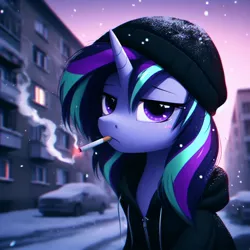 Size: 1024x1024 | Tagged: safe, derpibooru import, machine learning generated, starlight glimmer, pony, unicorn, ai content, beanie, cigarette, clothes, derpibooru exclusive, doomer, female, generator:dall-e 3, hat, hoodie, image, jpeg, looking at you, mare, meme, ponified meme, prompter:siber, russia, smoke, smoking, snow, snowfall, solo, tired